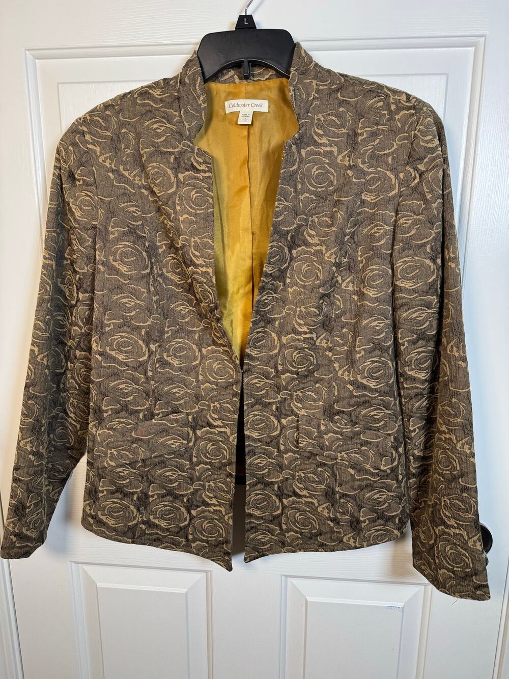 Coldwater Creek New Textured Floral Design Blazer Brown Gold Metallic 12